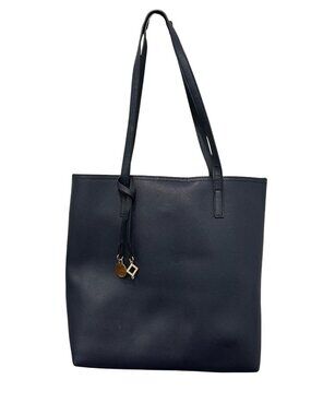 Navy Faux Leather Tote Bag With Gold Charm Accents & Magnetic Closure By DS Bags